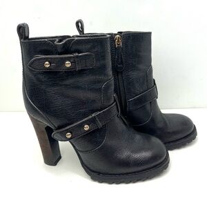 Tory Burch Landers Moto High Heel Black Textured Leather Ankle Boots